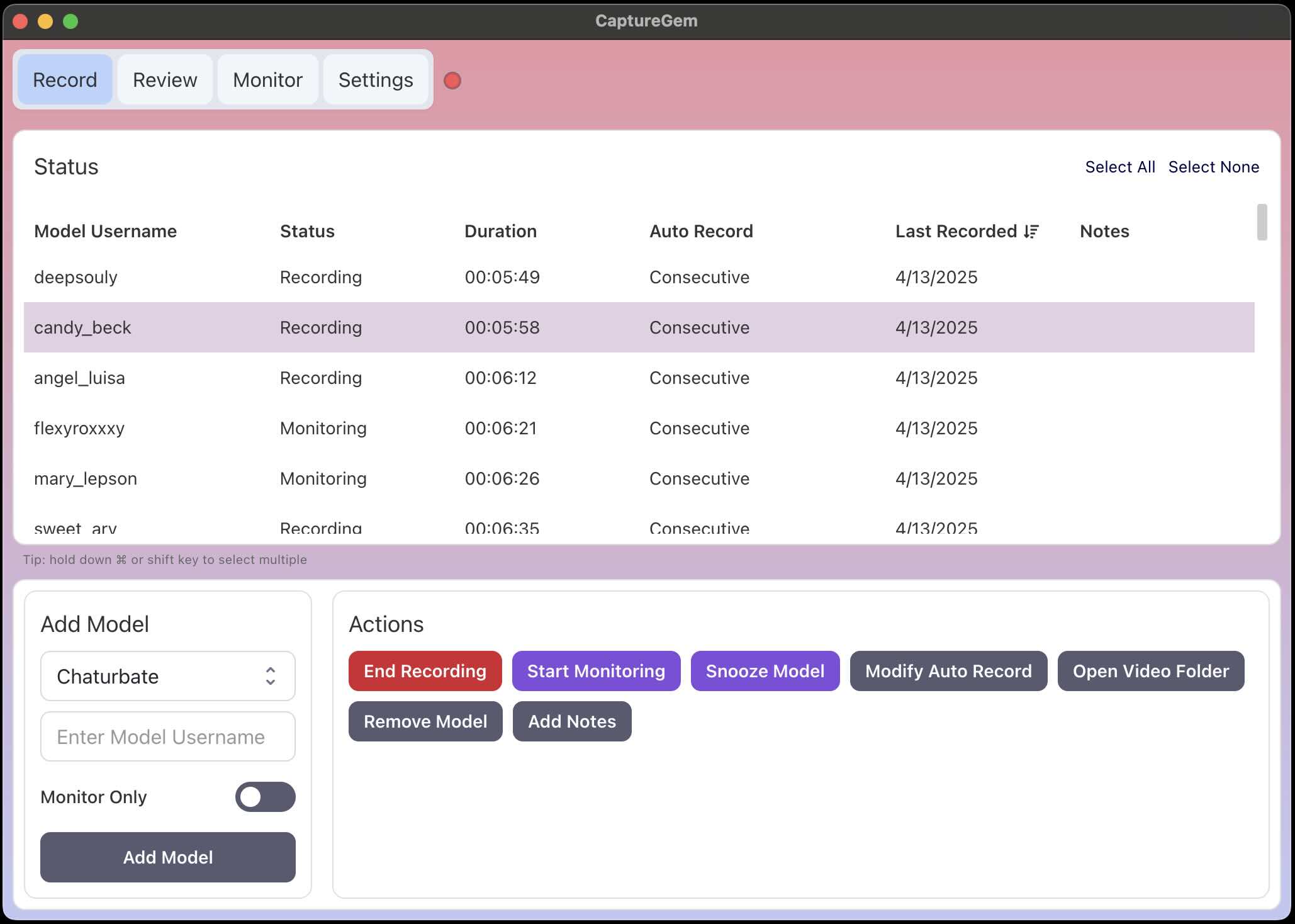 CaptureGem recording dashboard showing multiple monitored models and automatic recording controls